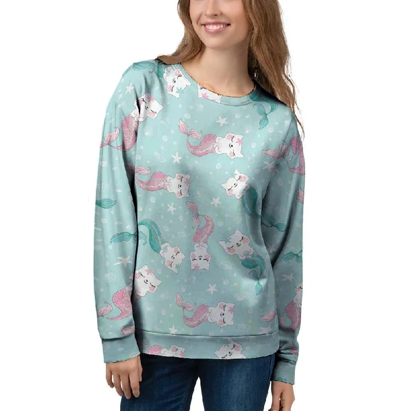 Cute Cat Mermaid Print Women's Sweatshirt Hoodie with Hem Raw Edge Edgy Unfinished