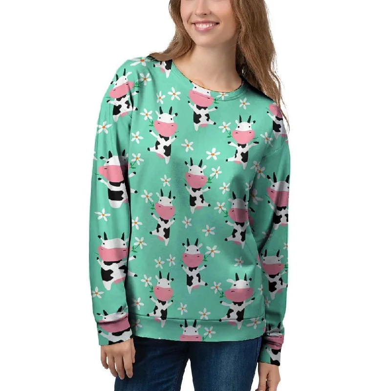 Cute Cow Floral Print Women's Sweatshirt Hoodie with Hem Fringe Bohemian Relaxed