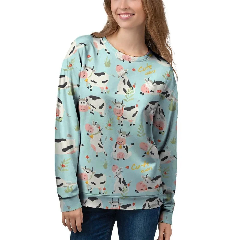 Cute Cow Print Women's Sweatshirt Hoodie with Hem Elastic Stretchable Comfortable