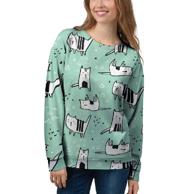 Cute Green Doodle Cat Print Women's Sweatshirt Hoodie with Slit Hem Functional Movement