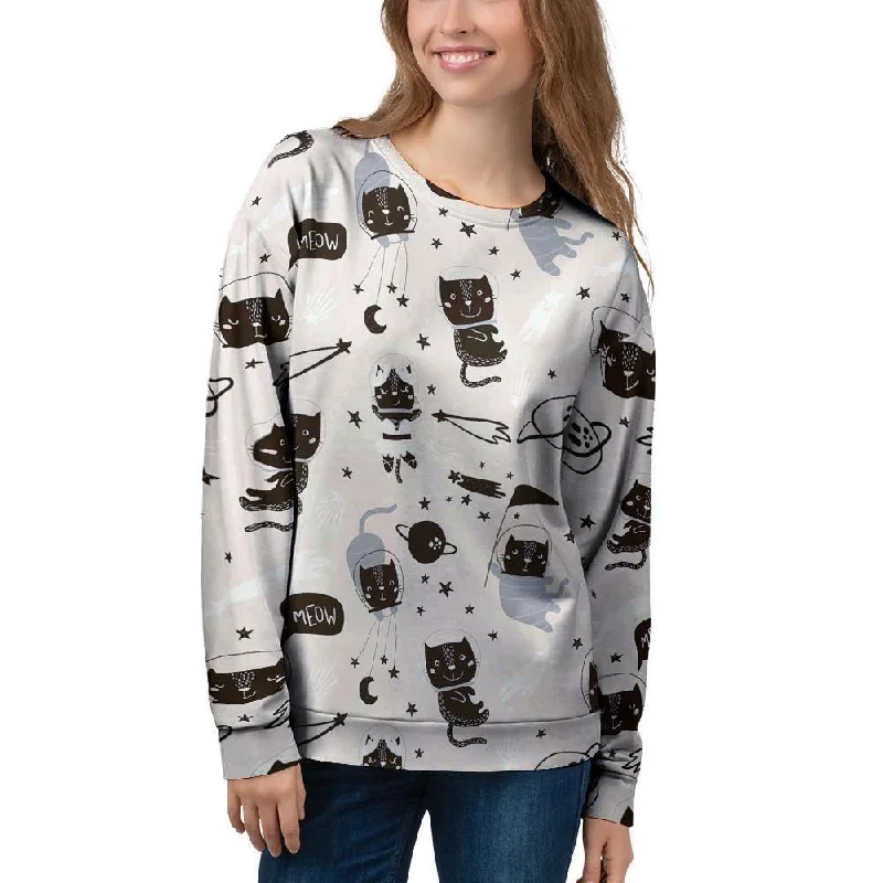 Cute Meow Astronaut Cat Print Women's Sweatshirt Hoodie with Tied Waist Feminine Flattering