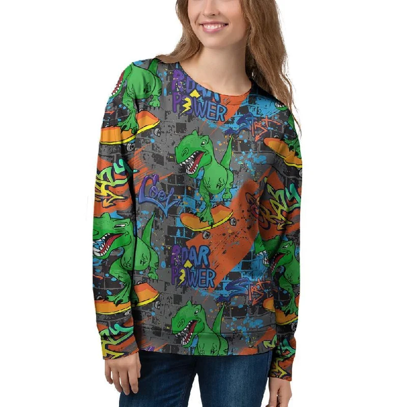 Dinosaur T-rex Graffiti Print Women's Sweatshirt Hoodie with Double Zipper Versatile Adjustable