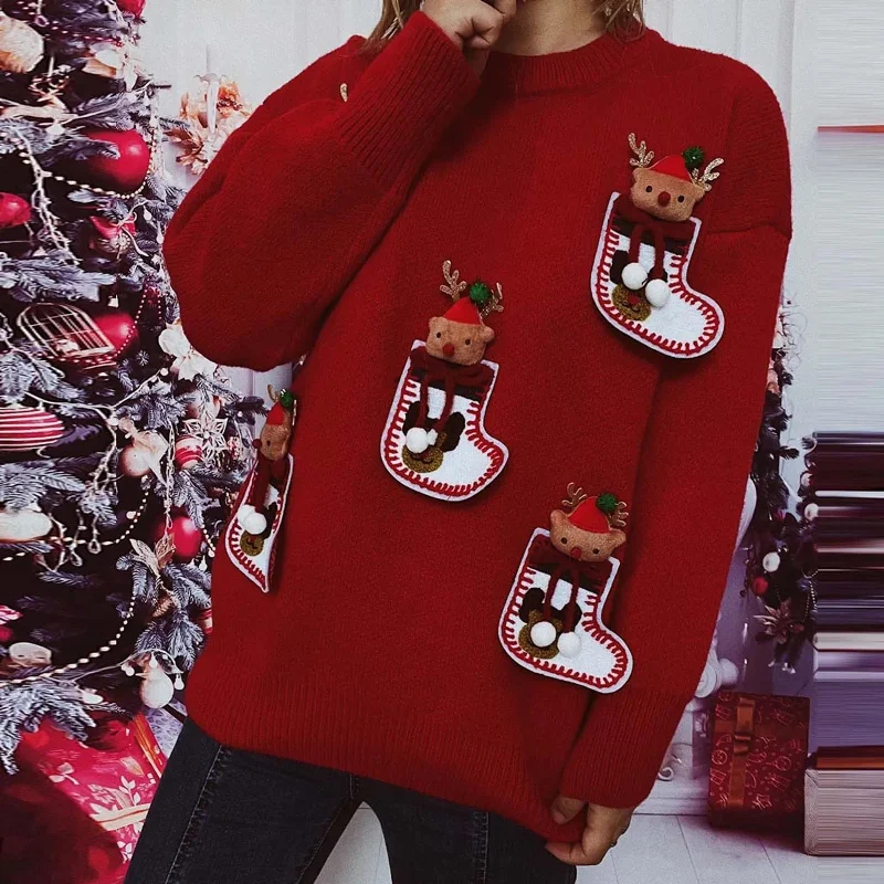 Elk 3D Decoration Christmas Sweater - Long Sleeve Knit Pullover Handmade Hand-knitted Hand-woven