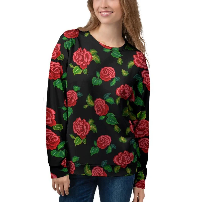 Embroidery Red Rose Floral Print Women's Sweatshirt Hoodie with Longline Fit Extended Stylish