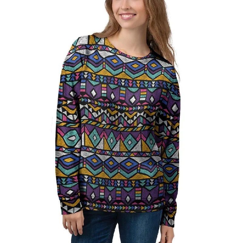 Ethic Aztec Geometric Art Print Women's Sweatshirt Hoodie with Distressed Vintage Worn