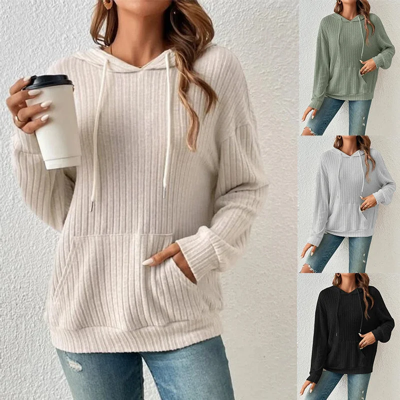 Fashion Drawstring Long-sleeved Hooded Sweatshirt With Pockets Solid Sunken Stripe Hoodie Knitwear Womens Clothing Hoodie with Hem Elastic Stretchable Comfortable