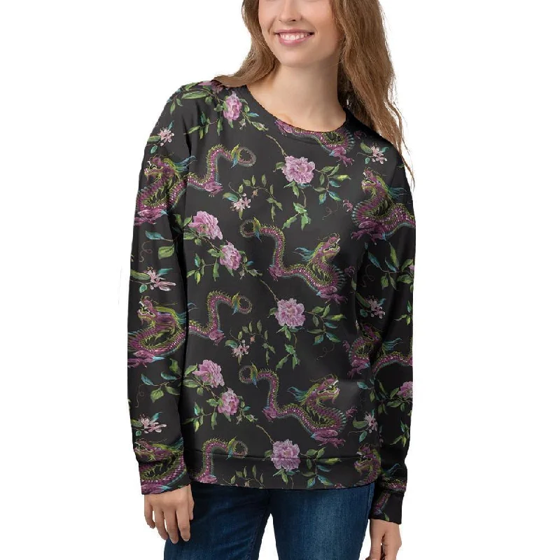 Floral Janpanese Dragon Print Women's Sweatshirt Hoodie with Rhinestones Sparkly Elegant