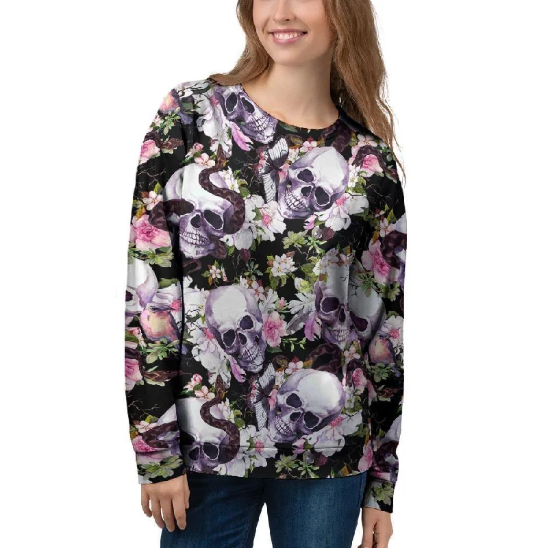 Flower Skull Women's Sweatshirt Hoodie with Button Classic Timeless