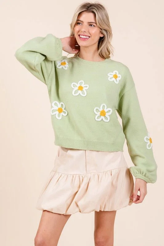 Geegee Floral Embroidered Solid Knit Sweater Welt Pockets Slit Pockets Flap Pockets