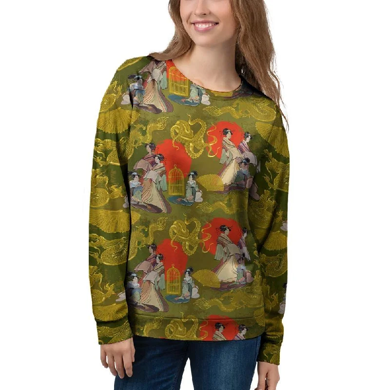 Geisha Japanese Dragon Print Women's Sweatshirt Hoodie Sweatshirt Pullover