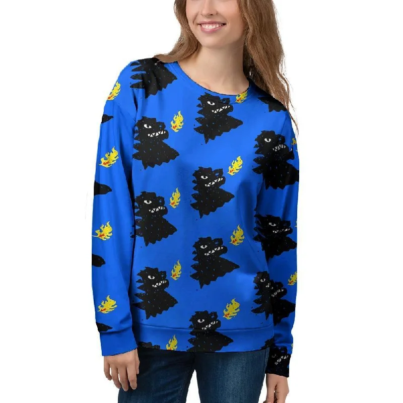 Godzilla Japanese Pattern Print Women's Sweatshirt Hoodie with Front Slit Layering Stylish