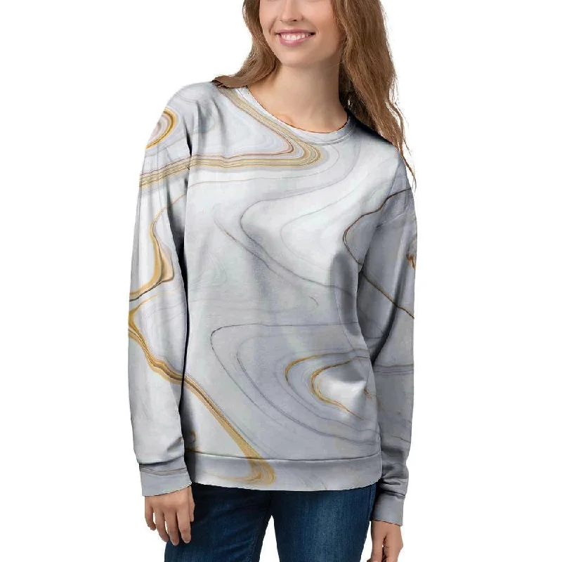 Gold White Marble Women's Sweatshirt Hoodie with Mock Neck Collared Structured