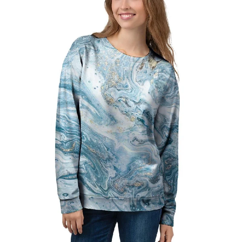 Golden Powder Blue Marble Women's Sweatshirt Hoodie with Cuffed Sleeves Snug Secure