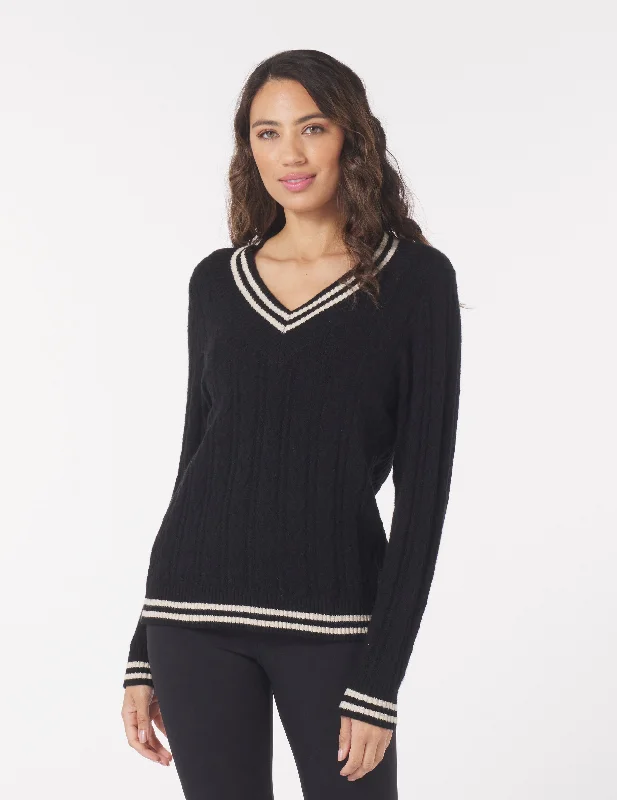 Hanalei Cable Knit Sweater: Black/Oatmilk Ribbed Striped Patterned