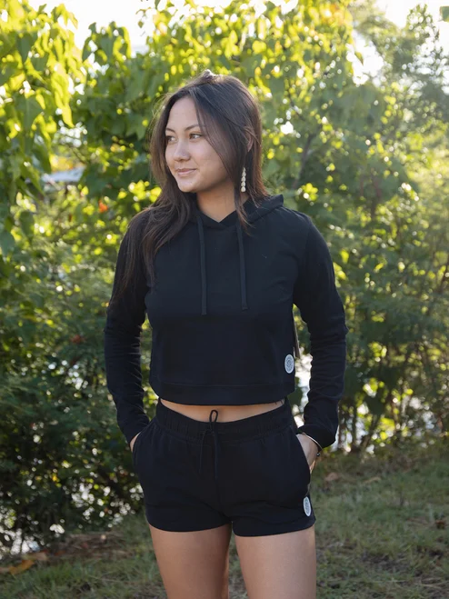 HIC GABY PULLOVER CROPPED HOODIE - BLACK Hoodie with Full-Zip Functional Layering