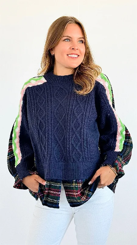 Highland Knit Patchwork Sweater - Navy Long Sweater Short Sweater Cropped Sweater