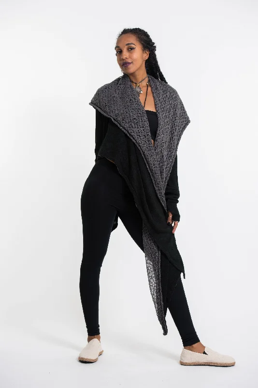 Hoodie Shawl Cardigan in Black Hoodie with Applique Textured Unique