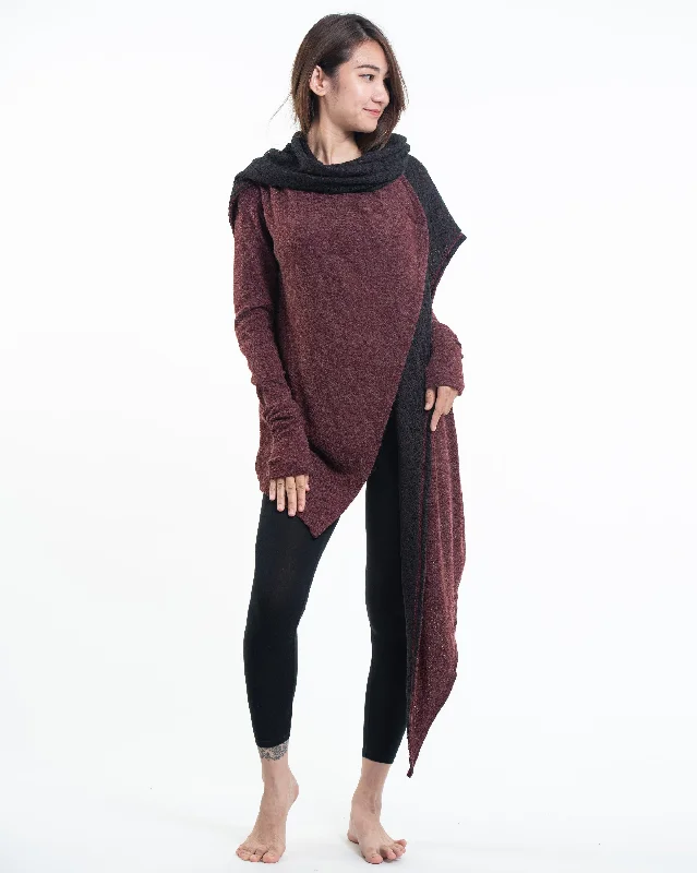 Hoodie Shawl Cardigan in Maroon Hoodie with Mock Neck Collared Structured