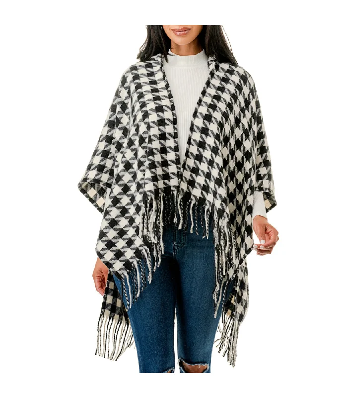 Houndstooth Hooded Poncho Hoodie with Rhinestones Sparkly Elegant