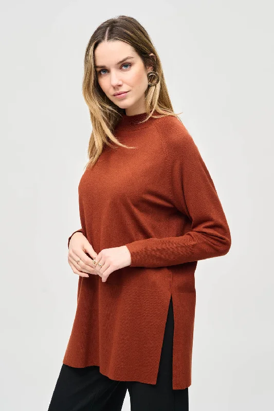 Joseph Ribkoff Sweater Knit Mock Neck Tunic Style 243956 Cinnamon Mesh Sweater Canvas Denim