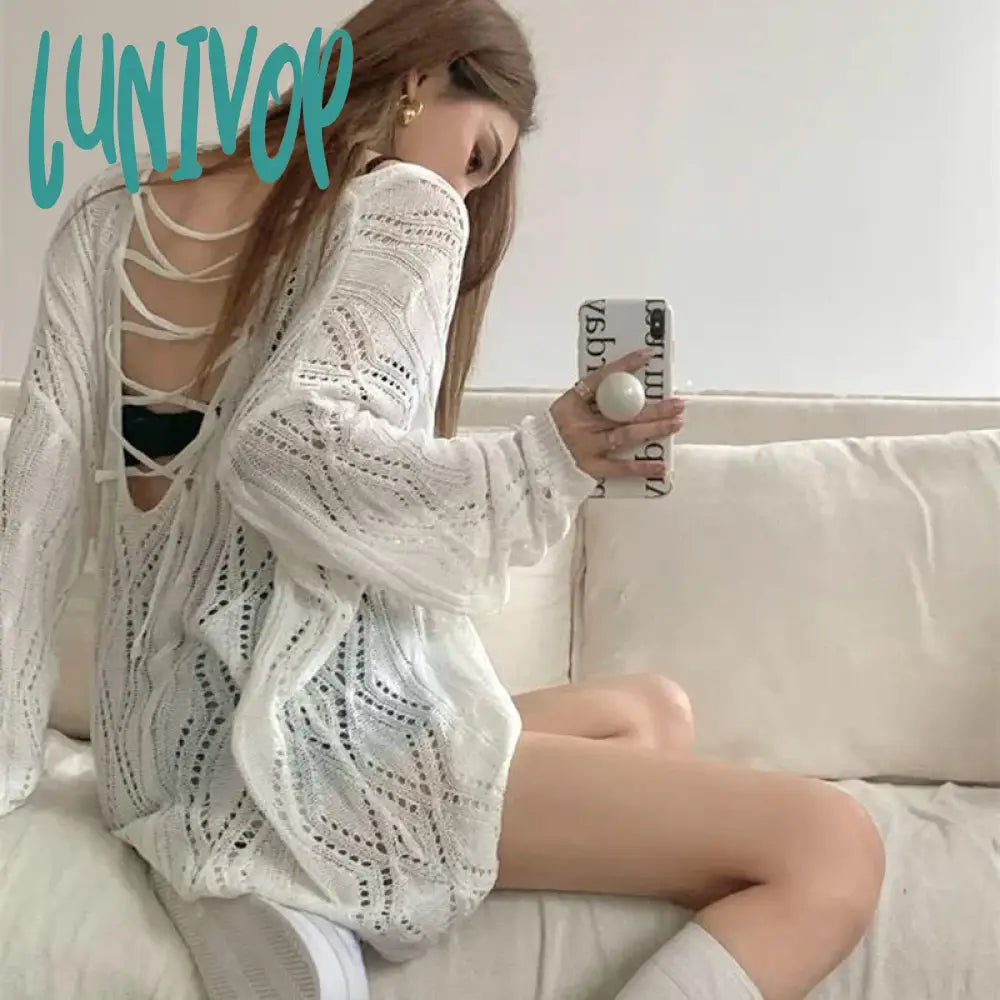 Lunivop Knitted Hollow Out Sweater Women Harajuku Loose Backless Lace Up Y2K Jumpers Female Korean Prepply Thin Sweaters Tops Seamless Knitted Crochet