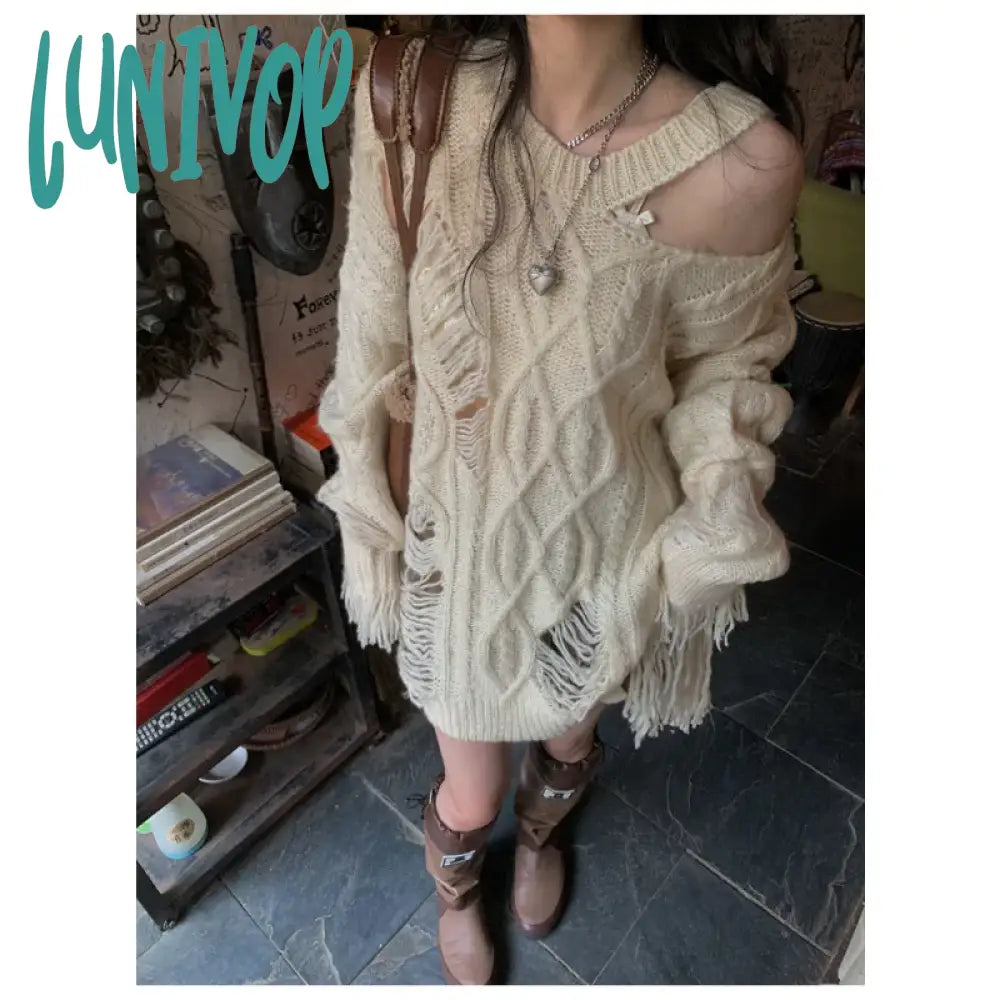 Lunivop Y2k Vintage Beige Knit Sweater Women Grunge Harajuku Irregular Off Shoulder Jerseys Hollow Out Hippie Streetwear Jumper Seamless Knitted Crochet