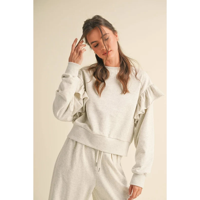 Miou Muse - Ruffled Detailed Sweatshirt - Heather Grey Hoodie with Camouflage Military Edgy