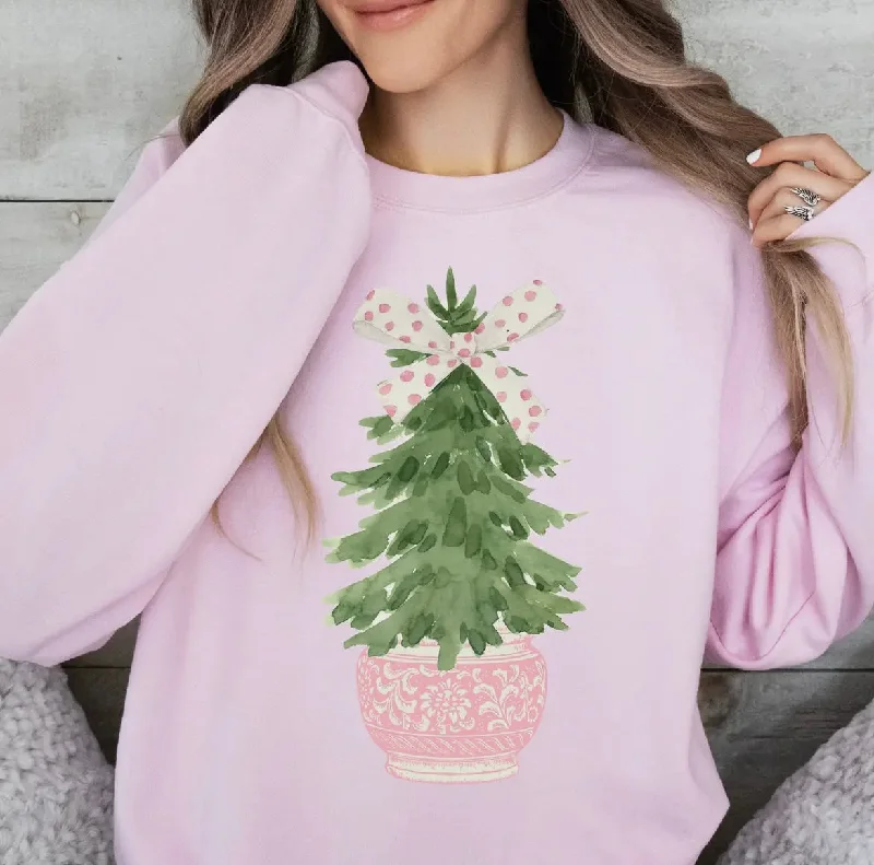 Pink Chinoiserie Christmas Tree Sweatshirt Hoodie with Fur Luxurious Winter