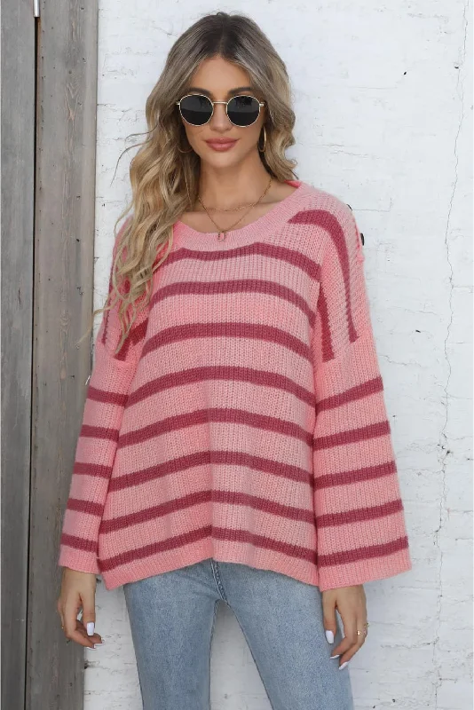 Round Neck Dropped Shoulder Striped Sweater Denim Fabric Leather Fabric Suede Fabric