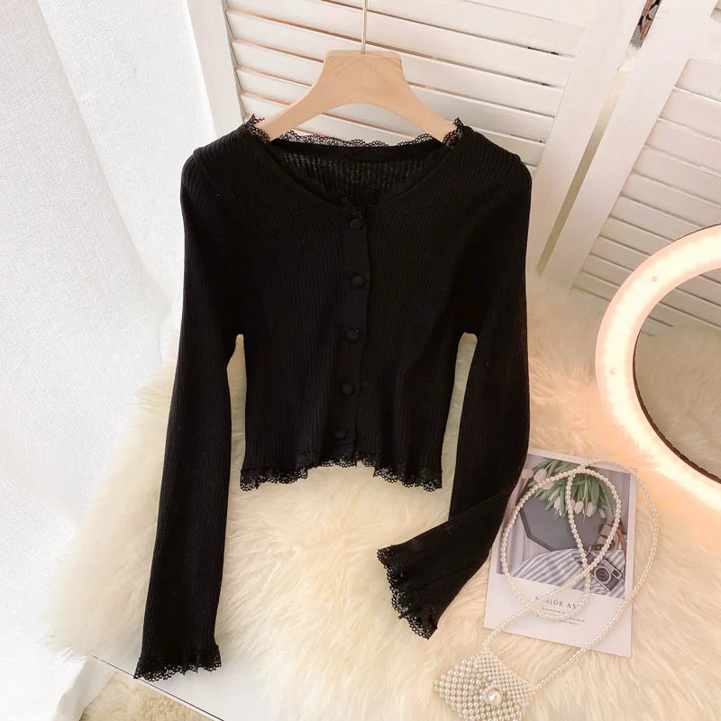 Simple Cardigan Lace Long Sleeve Sweater  020 Real Fur Shearling Chenille