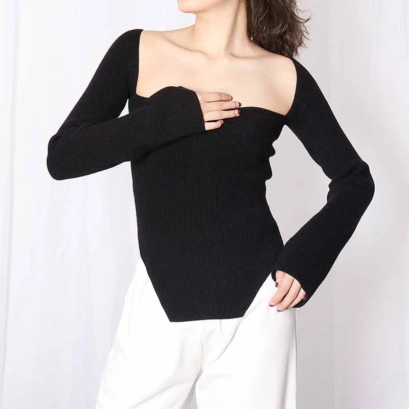 Square Neck Ribbed Knitted Sweater Long Sleeve Slim Fitted Tops Real Fur Shearling Chenille