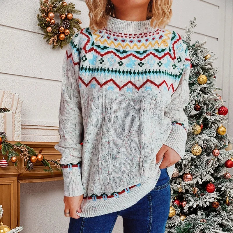 Striped Long Sleeve Jacquard O-Neck Loose Christmas Sweater Hooded Sweater Collared Sweater Shawl Collar