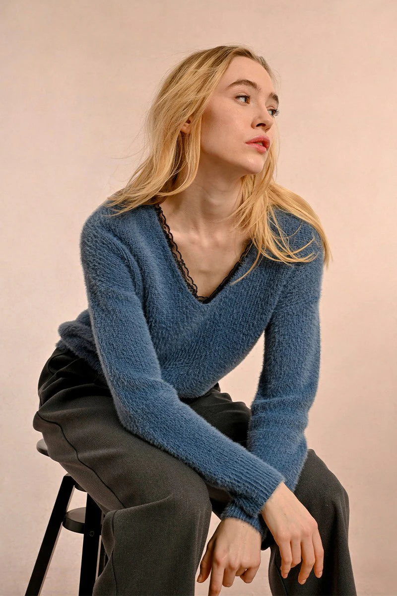 The Gisele Lace Trim Sweater - Ocean Blue Layered Multi-layer Single Layer