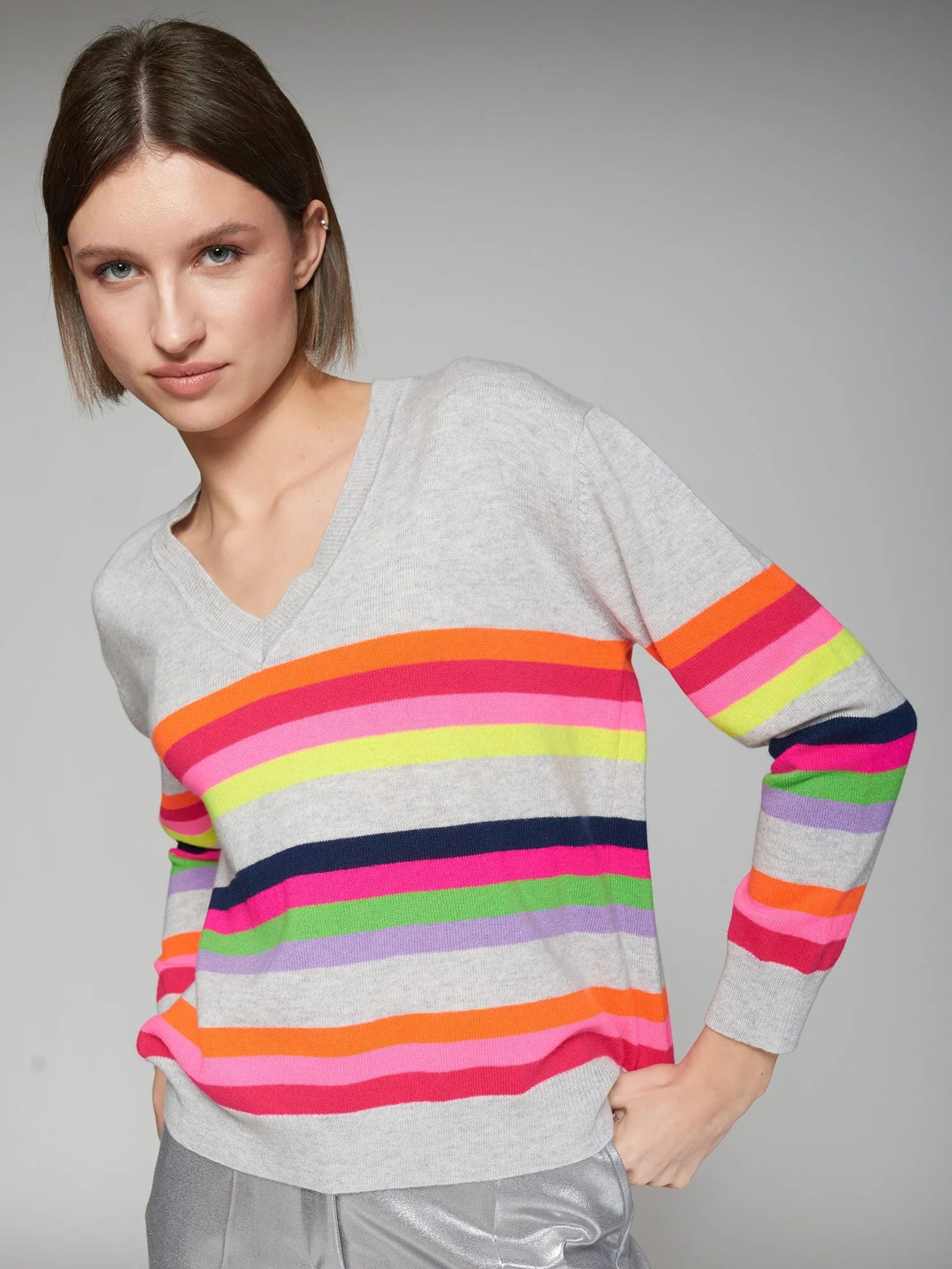 Vilagallo V-Neck Striped Sweater Chenille Fabric Brocade Fabric Lace Fabric