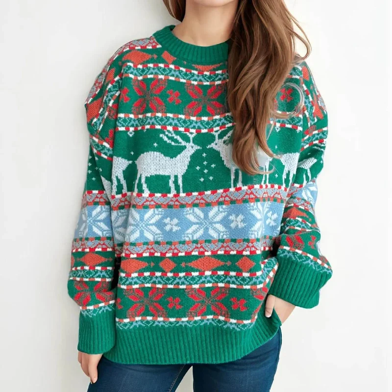 Vintage Oversized Deer Knitted Christmas Sweater Modern Contemporary Chic