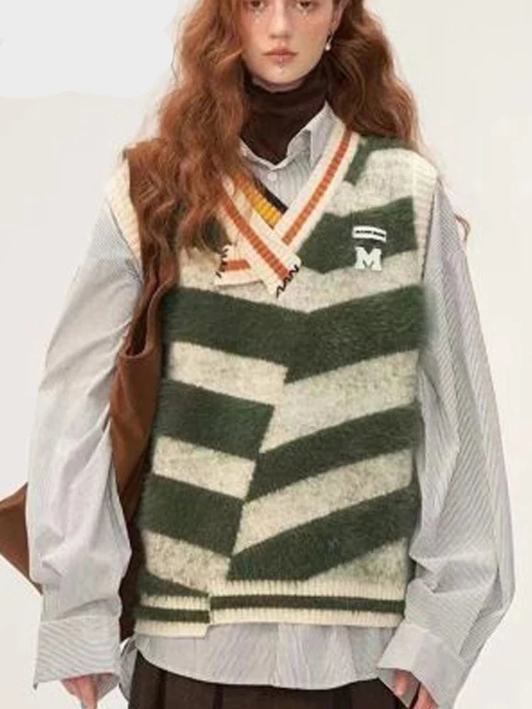 Womens Unconventional Design Stripe Mohair Sweater Vest Warm Casual Female Clothing Stylish Fashionable Trendy