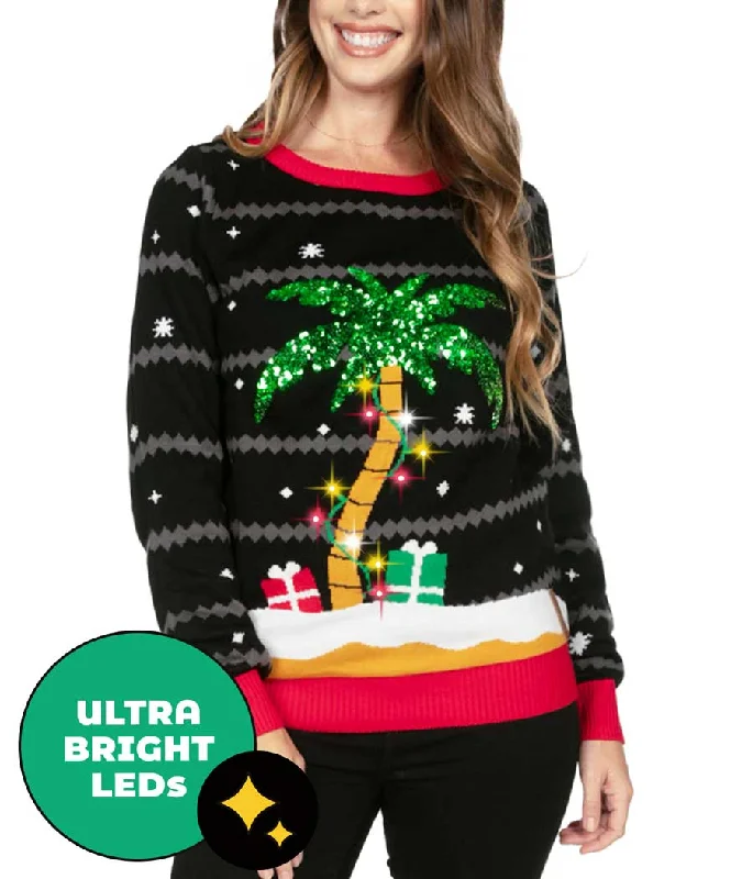 Women’s All Is Palm All Is Bright Light Up Ugly Christmas Sweater Thin Thick Dense