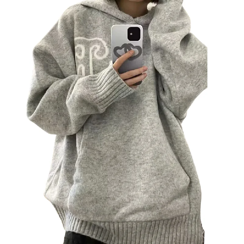 Womens Casual Solid Color Hooded Sweater Mesh Sweater Canvas Denim