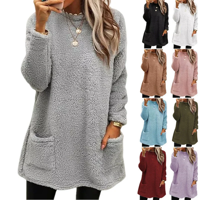 Women's Fleece Pullover Long Sweater With Pockets Winter Warm Casual Long Sleeve Plush Tops Striped Floral Plaid