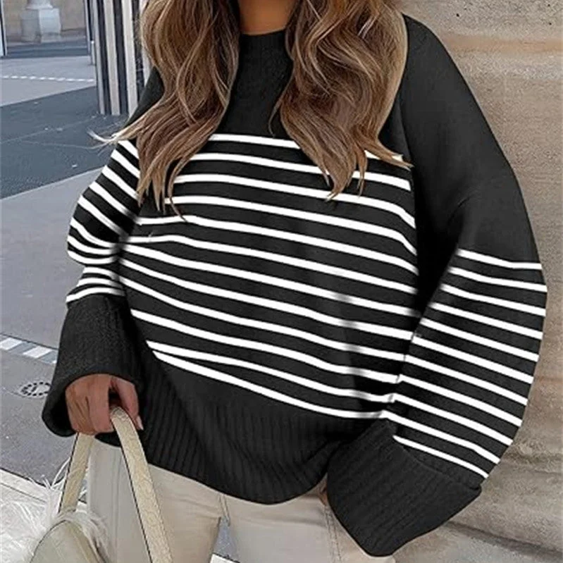 Women's Round-neck Long Sleeve Oversized Plush Knitted Thick Thermal Head Cover Striped Sweater Lace Blend Ribbed Blend Corduroy Blend