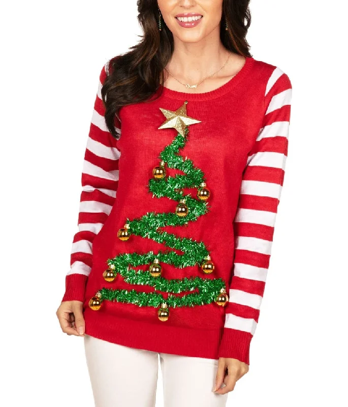 Women's Tinsel Christmas Tree Ugly Christmas Sweater Neon Metallic Matte