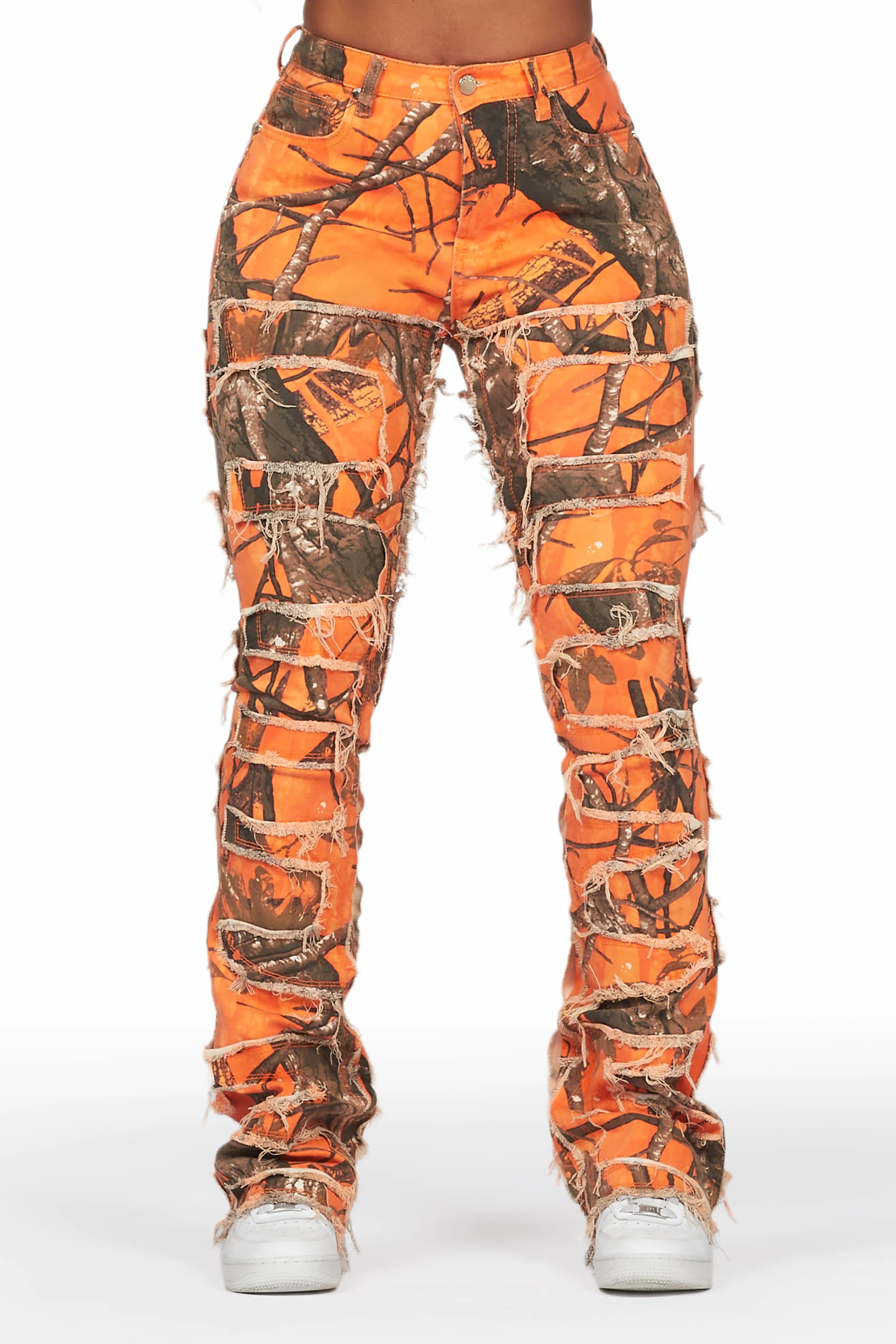 Zariyah Orange Tree Camo Stacked Flare Jean Cozy Wide-Legged Jeans
