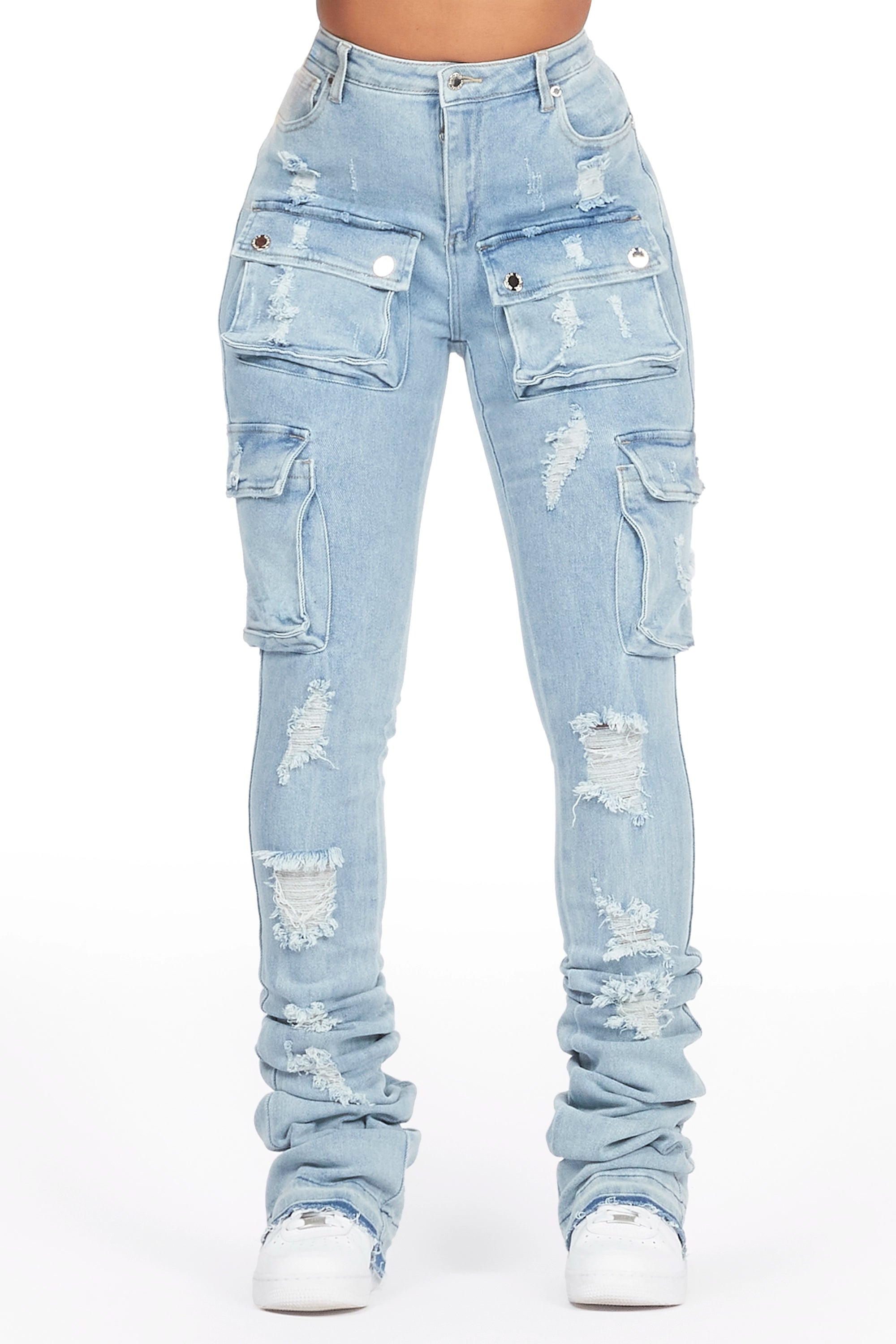 Noor Light Wash Cargo Super Stacked Jean Trendy Low-Rise Slim Jeans