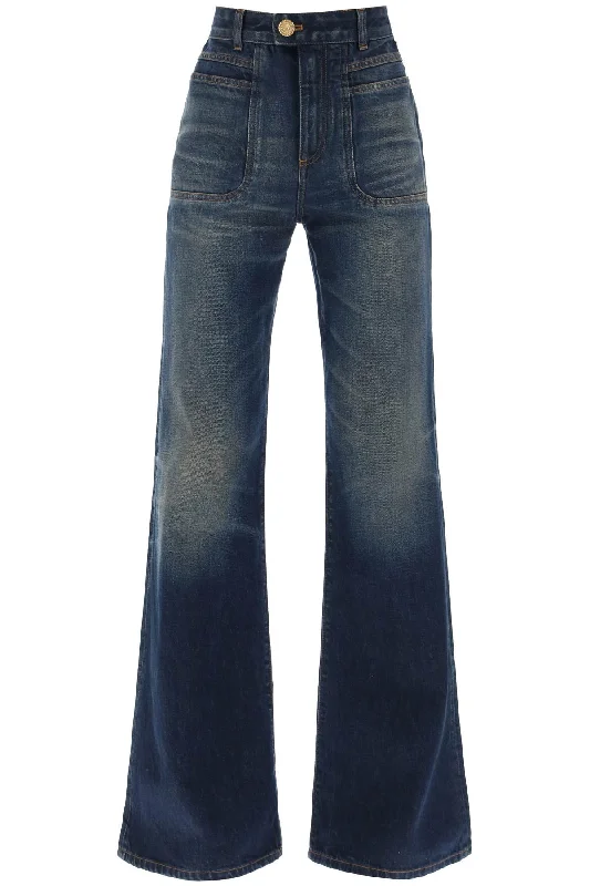 Wide Leg Jeans With Dark Wash  - Blu Cozy Tencel Blend Denim Jeans