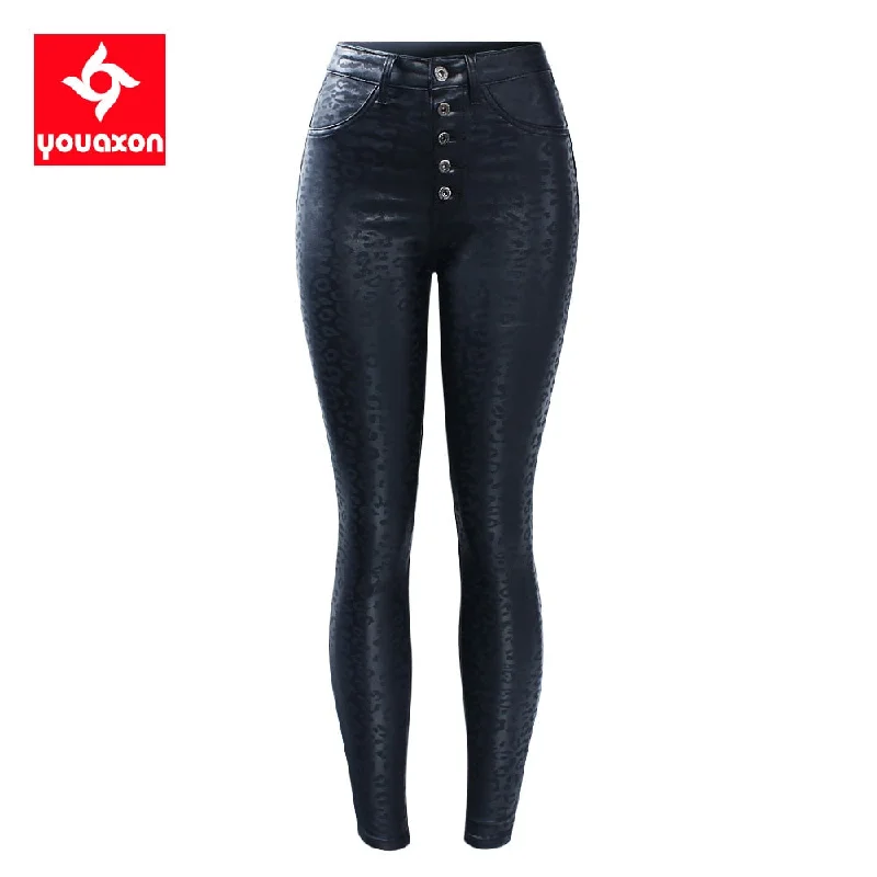 Black Leopard Pattern PU Jeans Woman Stretch Skinny Denim Jean Pants Casual Distressed Skinny Jeans