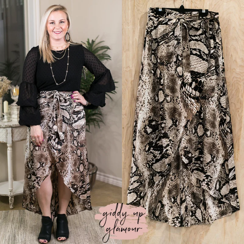 Last Chance Size Small | Let Me Go Out Hi Low Wrap Snakeskin Skirt in Mocha lace skirt romantic