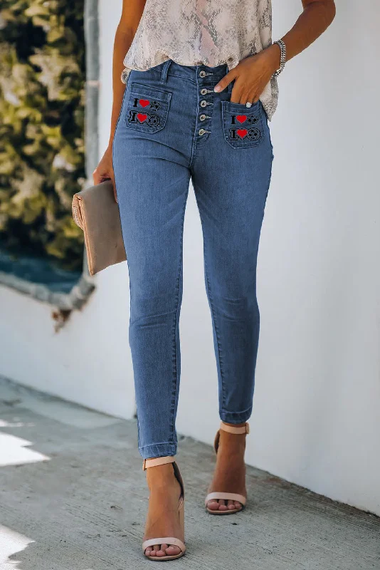 Buttons Printed Pockets Skinny Jeans Stylish Plus Size Denim Jeans