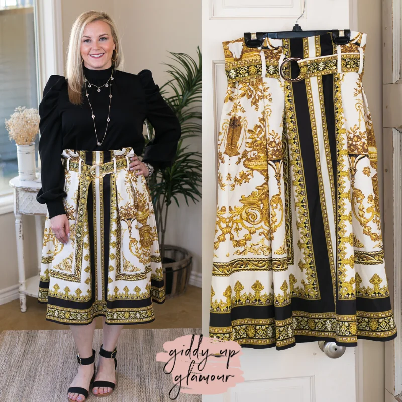 Classic Glamour Gold Filigree Belted Midi Skirt in White denim skirt casual