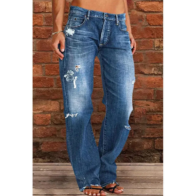 DressBetty - Broken Hole Casual Straight Leg Jeans Fashionable Button-Front Jeans