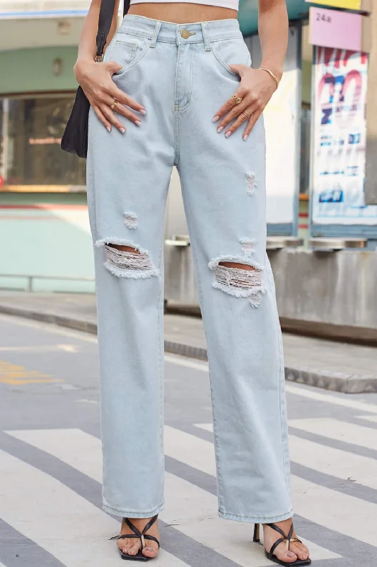 Distressed Straight Leg Jeans with Pockets Stylish High-Waisted Denim